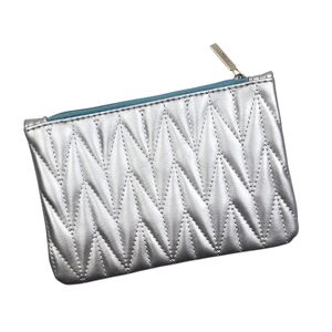 ipsy Silver Quilted Cosmetic Pouch with Blue Trim